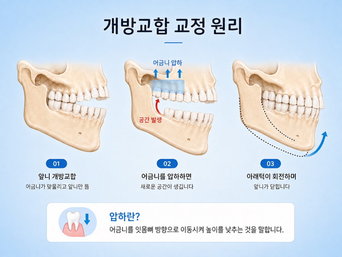 개방교합 교정 원리를 설명하는 AI 이미지. 실제 환자 사진이나 치료 결과가 아닙니다.